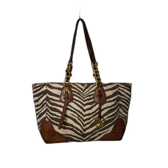 Michael Kors Tote Bag Womens Large Zebra Print Canvas Leather Shoulder Purse - Picture 1 of 7